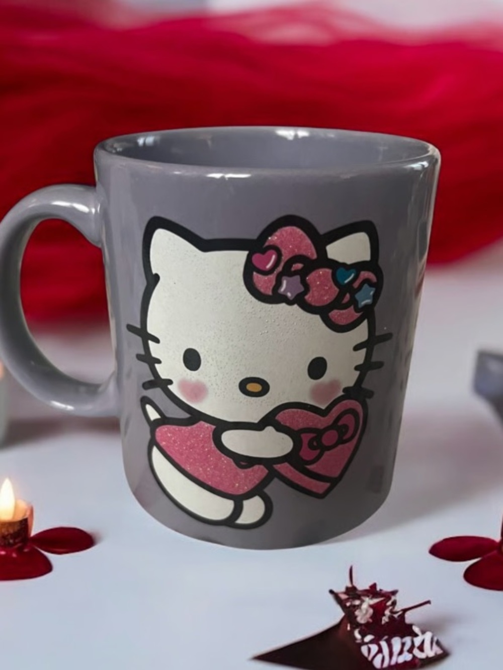 Gray Ceramic Mug with Pink Glitter Hello Character Accent